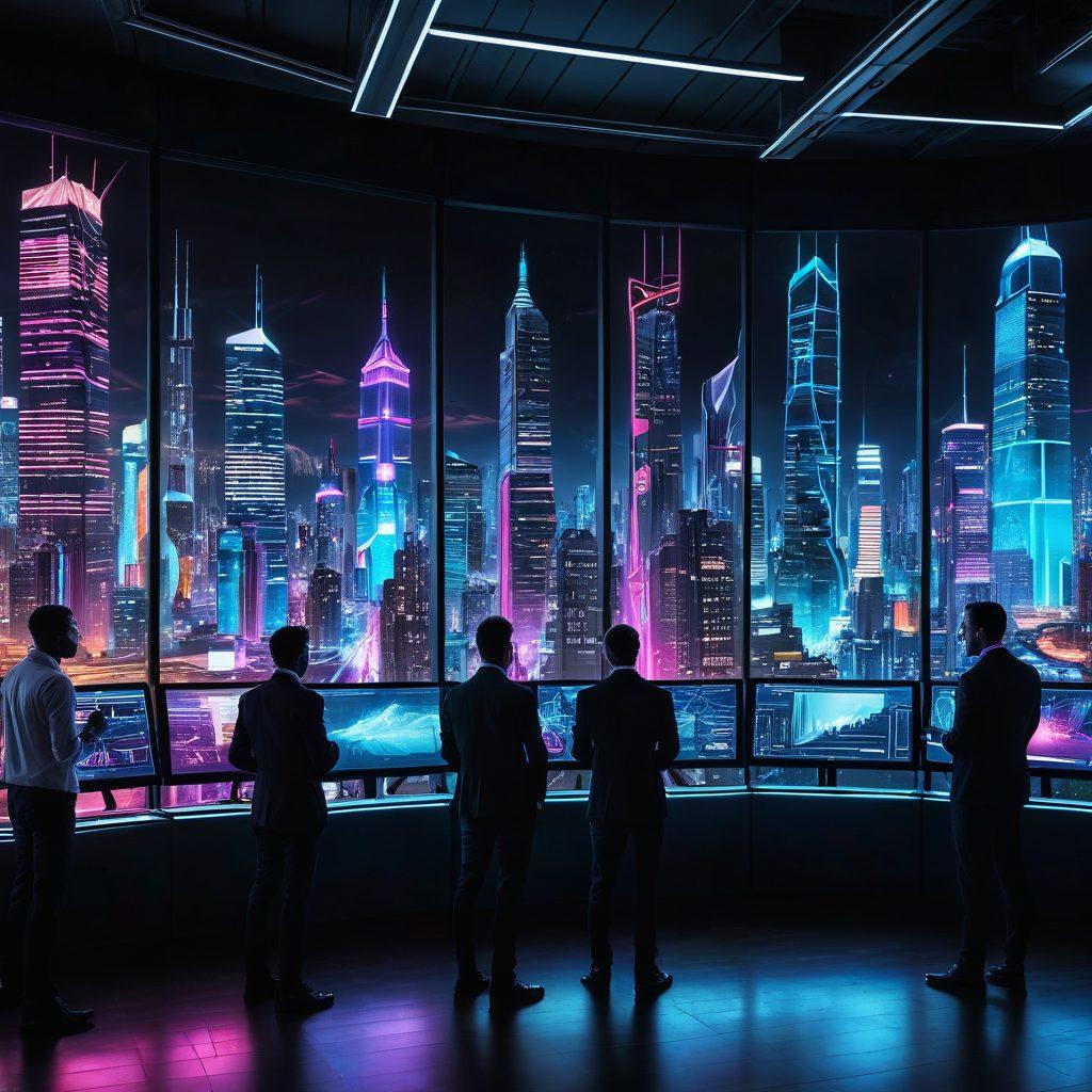 A futuristic cityscape filled with high-tech buildings displaying data visualizations and analytics graphs in bright neon colors. A diverse group of professionals engaged in discussions, surrounded by holographic displays of data trends and technology insights. The sky above filled with drones and digital projections of key analytics metrics. Emphasize innovation and collaboration with a dynamic atmosphere. cyberpunk. vibrant colors. 3D.