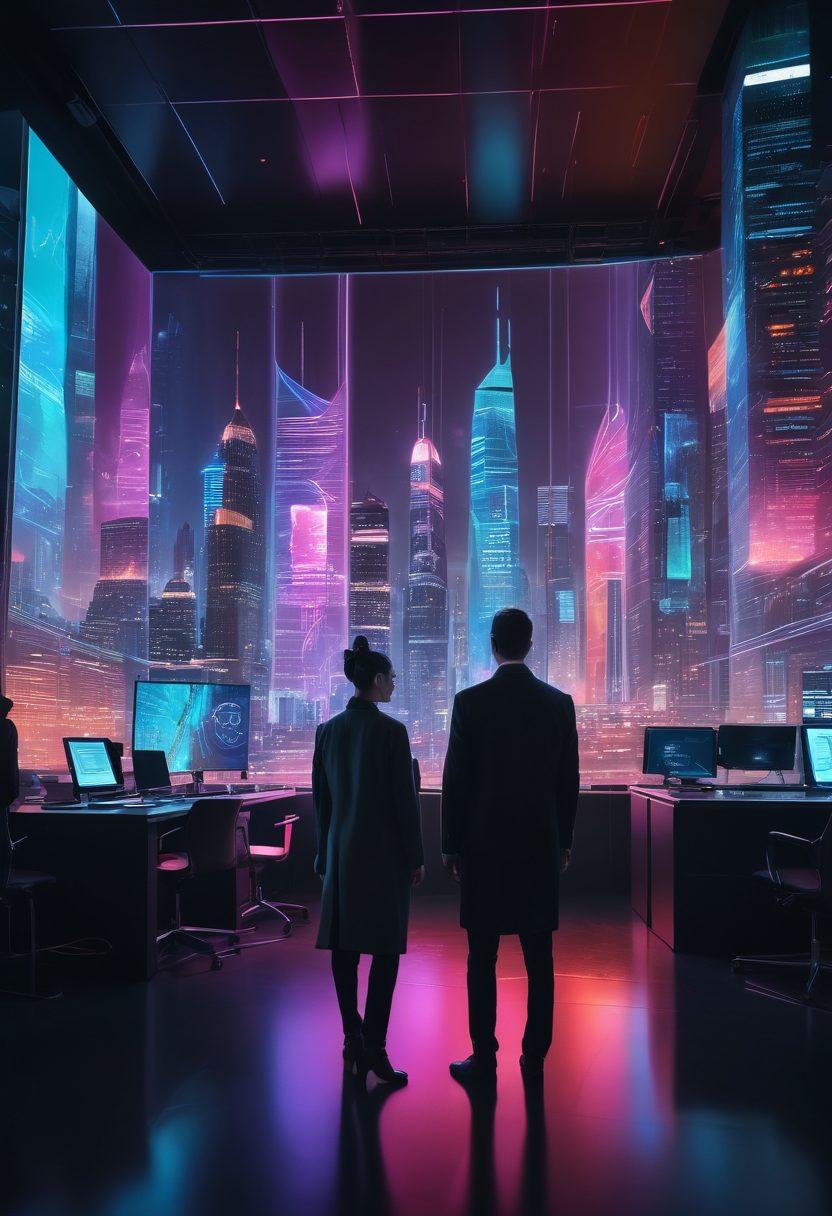 A futuristic city skyline with digital screens displaying market trends and data graphs, showcasing a diverse group of professionals analyzing data and sharing insights in a high-tech office environment. The foreground features holographic charts and vibrant data streams flowing between people, emphasizing collaboration and innovation in data science. Bright neon colors and a dynamic composition create an energetic atmosphere. super-realistic. vibrant colors. cyberpunk.