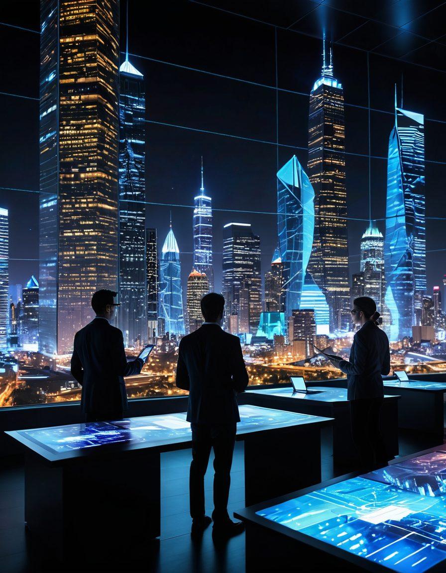 A futuristic cityscape showcasing a team of diverse tech researchers analyzing data on holographic screens. The scene captures the vibrancy of innovation, with charts and graphs, high-tech gadgets, and bright city lights in the background. Emphasize the excitement of smart decision-making through data. super-realistic. vibrant colors. 3D.